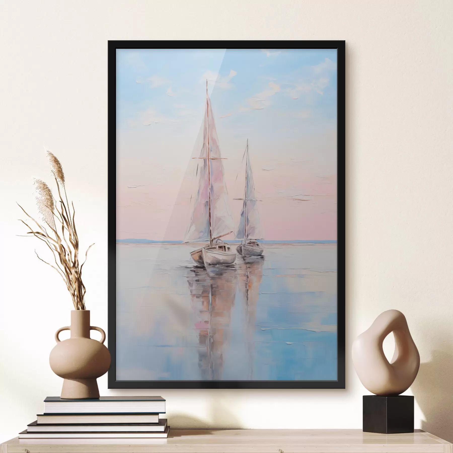 Fototapete Segelboote mit rosafarbenen Segeln, die auf einer ruhigen See treiben, Spiegelungen der Boote im Wasser, sanfte Pastellfarben f45558