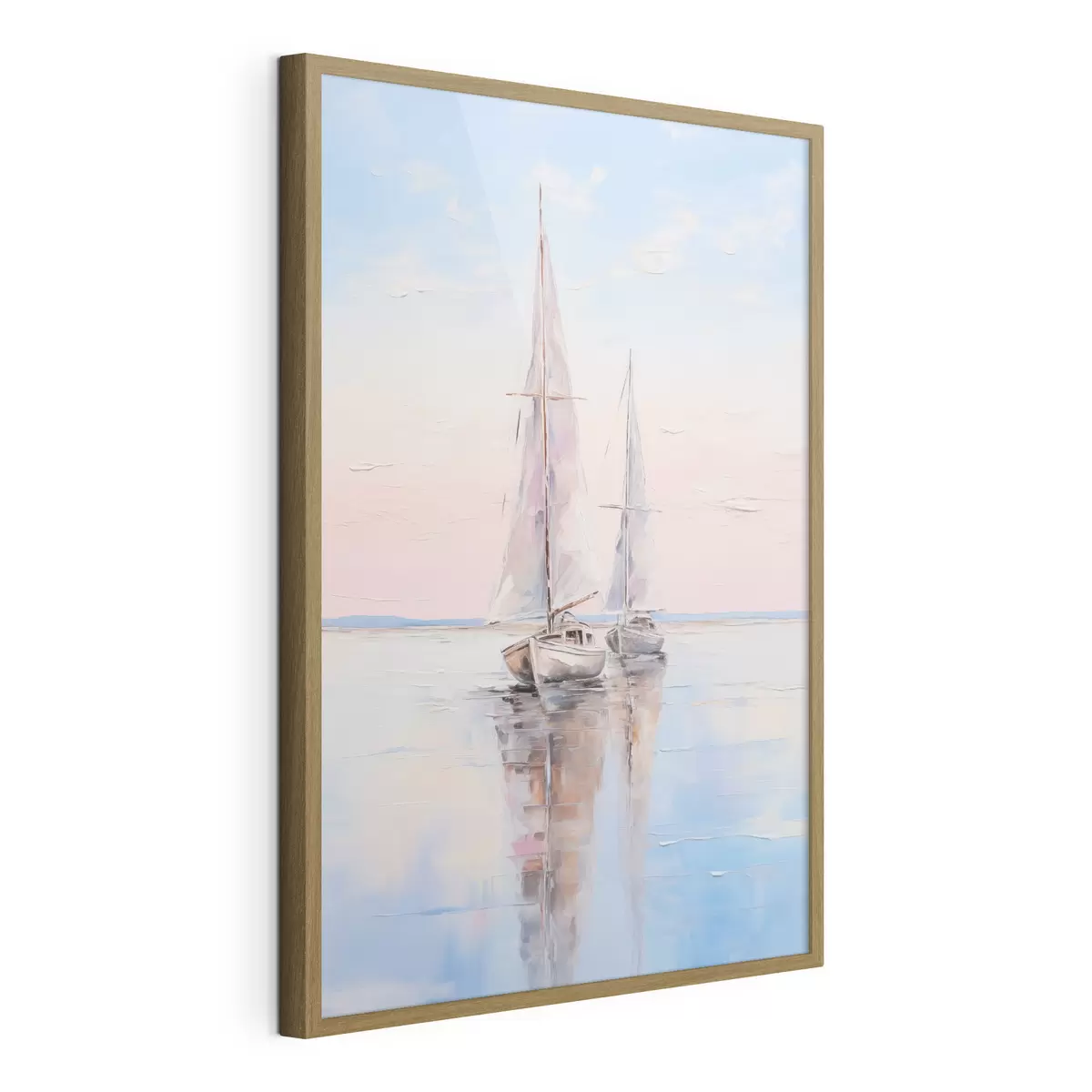 Poster Segelboote mit rosafarbenen Segeln, die auf einer ruhigen See treiben, Spiegelungen der Boote im Wasser, sanfte Pastellfarben f45558