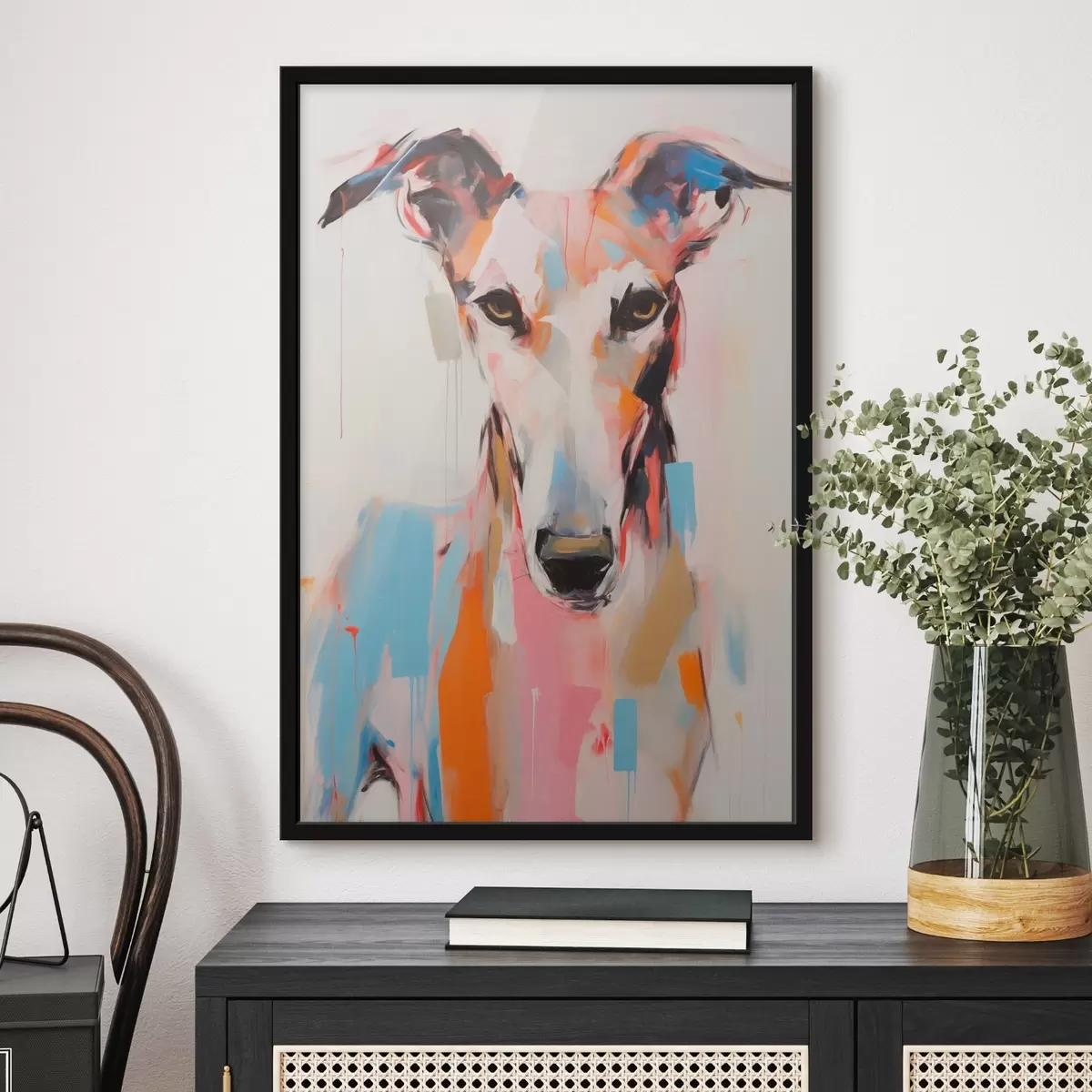 Poster Ein Windhund, gemalt mit leuchtenden Farben wie Orange, Rosa und Blau, vor einem schlichten weißen Hintergrund f45565