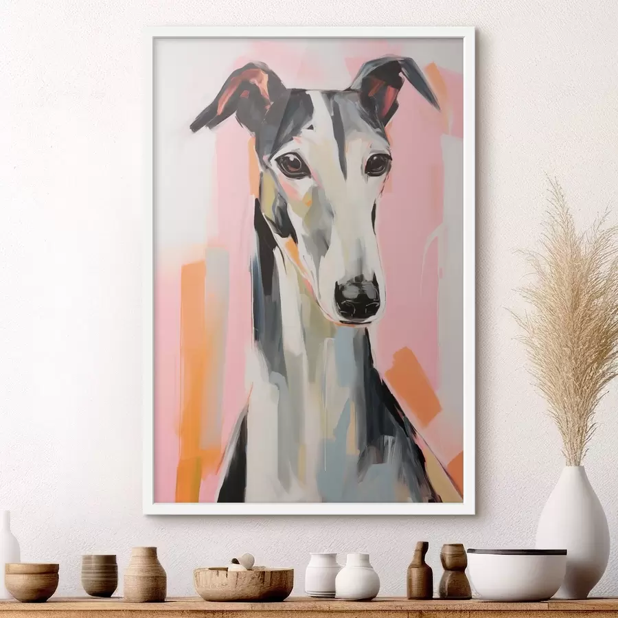 Fototapete Ein Windhund vor einem Hintergrund aus rosa, orangefarbenen und weißen Pinselstrichen f45566