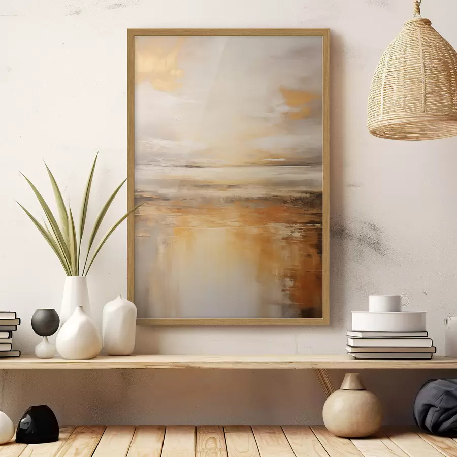 Fototapete Ein abstraktes Gemälde von einer Strandlandschaft mit einem ruhigen Meer, orangefarbenem Sand und einem bewölkten Himmel mit Sonne f45567