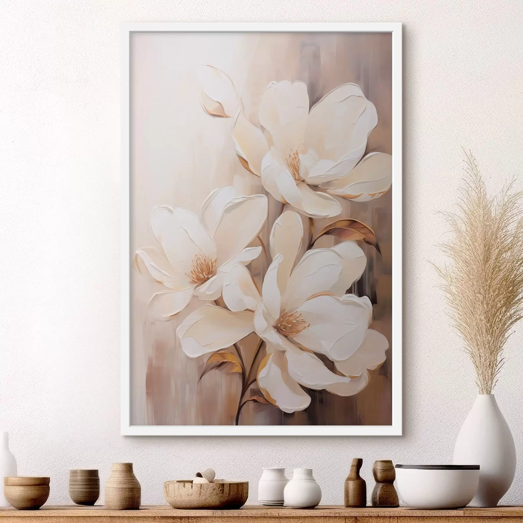 Fototapete Weiße Magnolienblüten vor einem weichen, verschwommenen Hintergrund aus Beige- und Brauntönen, elegante Blumenkomposition f45571