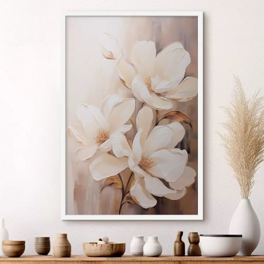 Fototapete Weiße Magnolienblüten vor einem weichen, verschwommenen Hintergrund aus Beige- und Brauntönen, elegante Blumenkomposition f45571