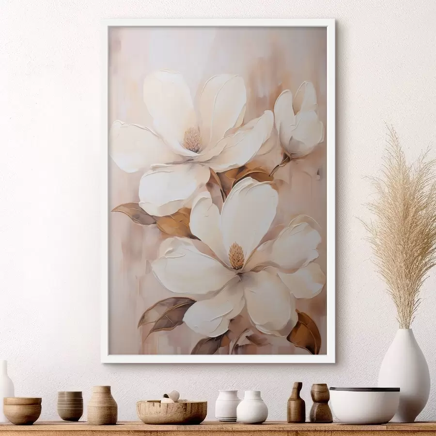 Fototapete Weiße Magnolienblüten vor einem weichen, unscharfen Hintergrund aus Beige- und Brauntönen, Malstil f45572