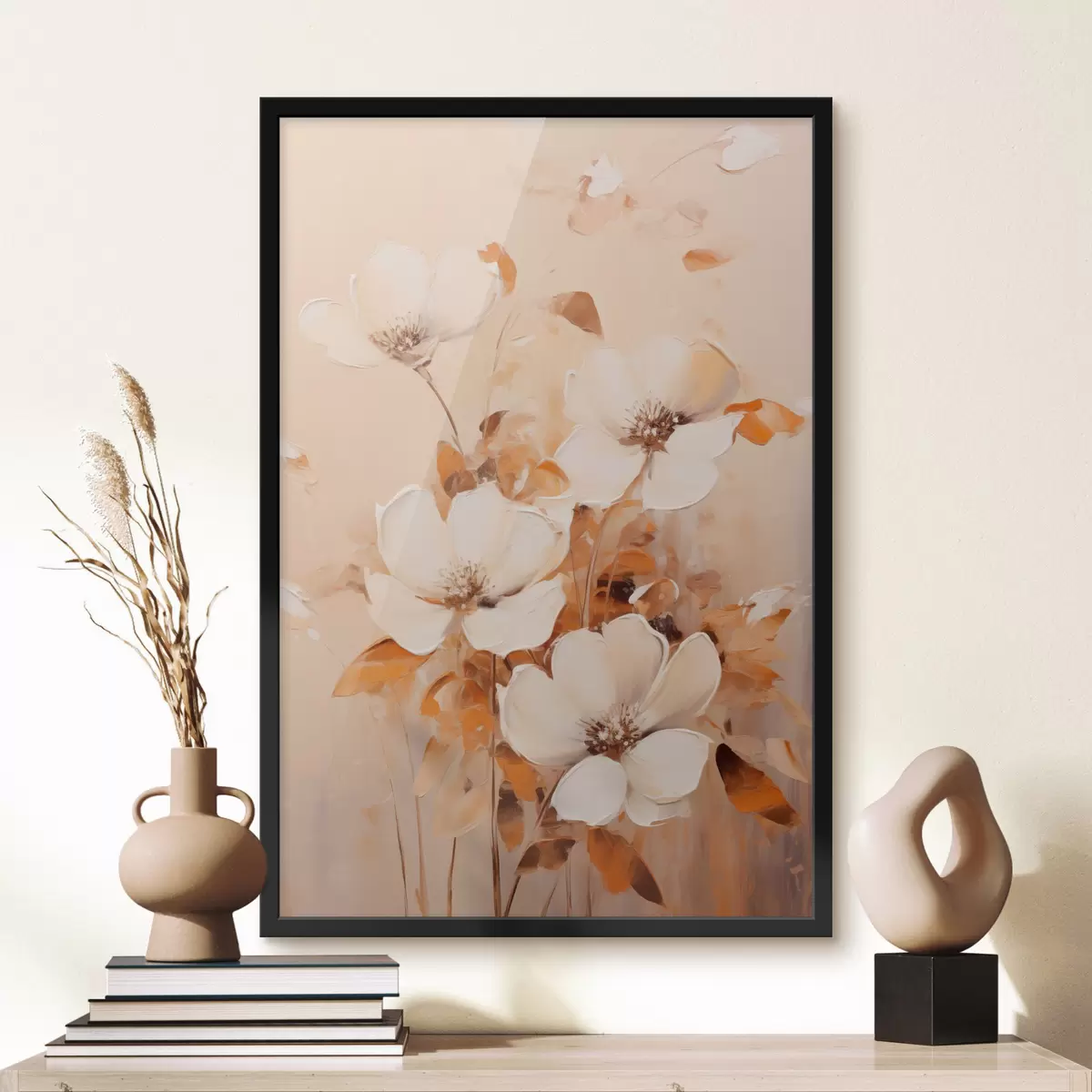 Poster Weiße Blumen mit orangefarbenen Blättern, zarte Pinselstriche, warme Farbpalette, elegante Komposition f45573