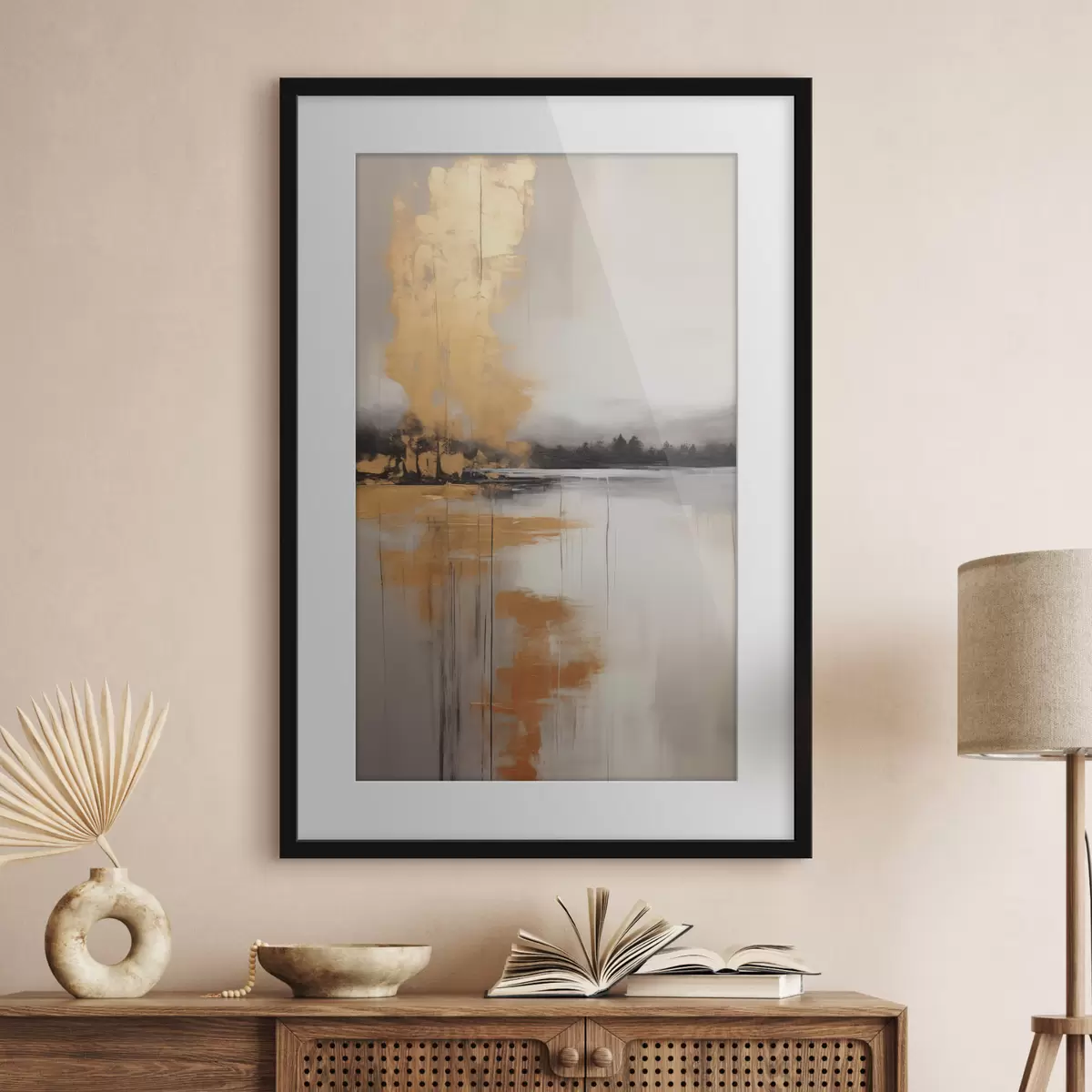Poster Eine abstrakte Landschaft mit einem See, Baum und gelben Nebel, das Wasser spiegelt und bewölkten Himmel f45575