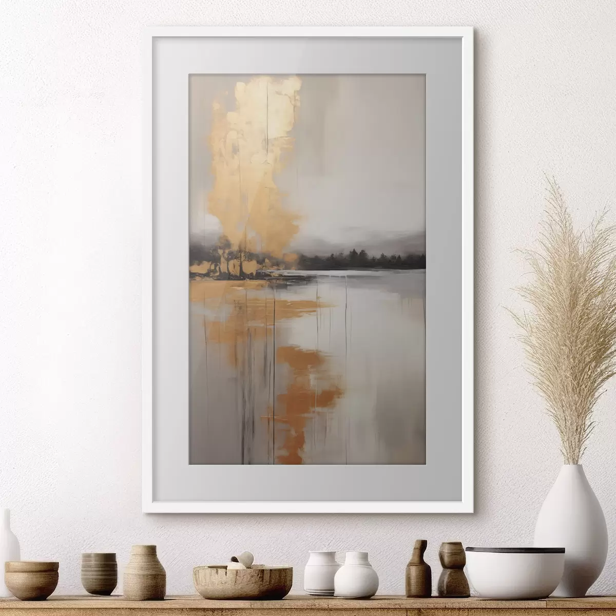 Poster Eine abstrakte Landschaft mit einem See, Baum und gelben Nebel, das Wasser spiegelt und bewölkten Himmel f45575