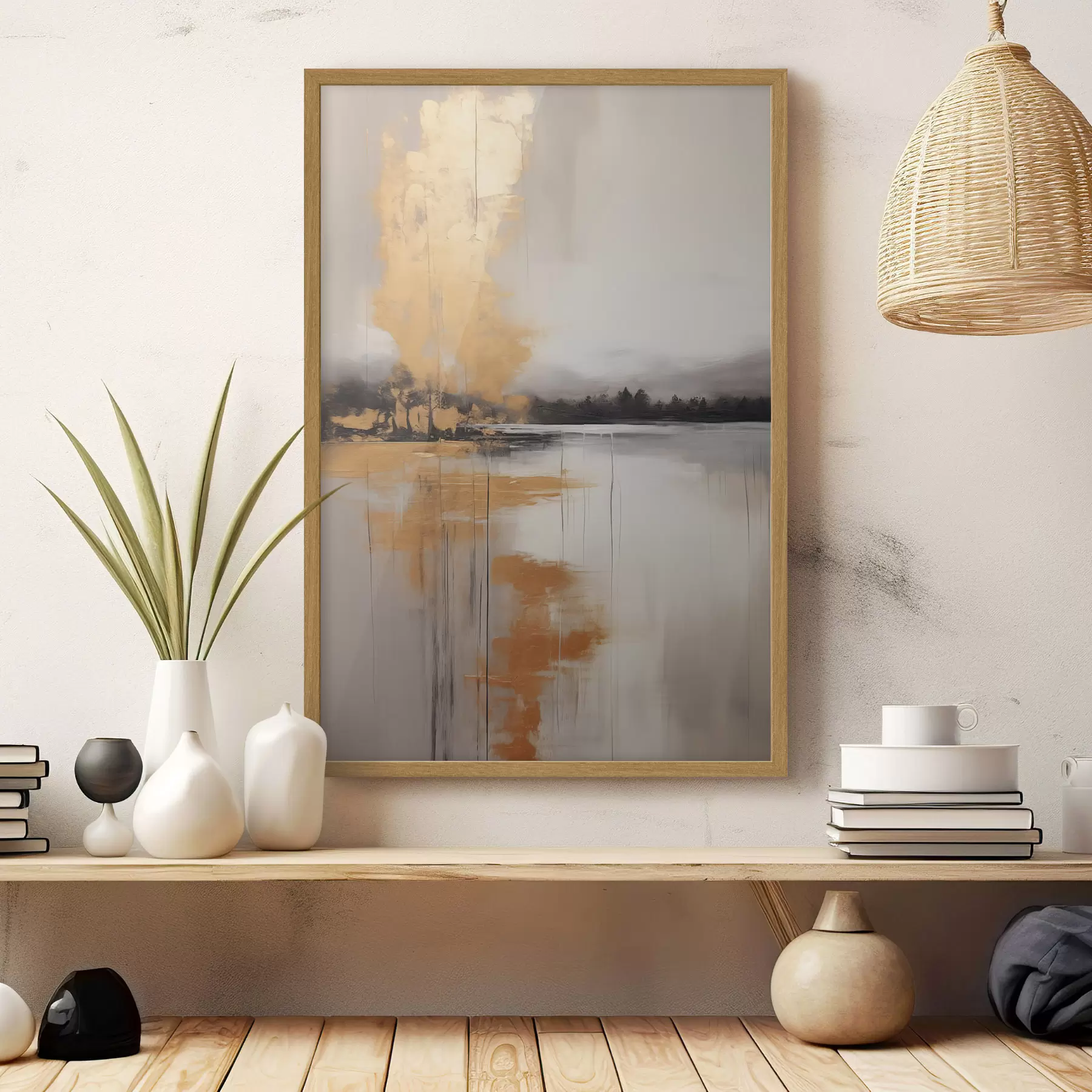 Fototapete Eine abstrakte Landschaft mit einem See, Baum und gelben Nebel, das Wasser spiegelt und bewölkten Himmel f45575