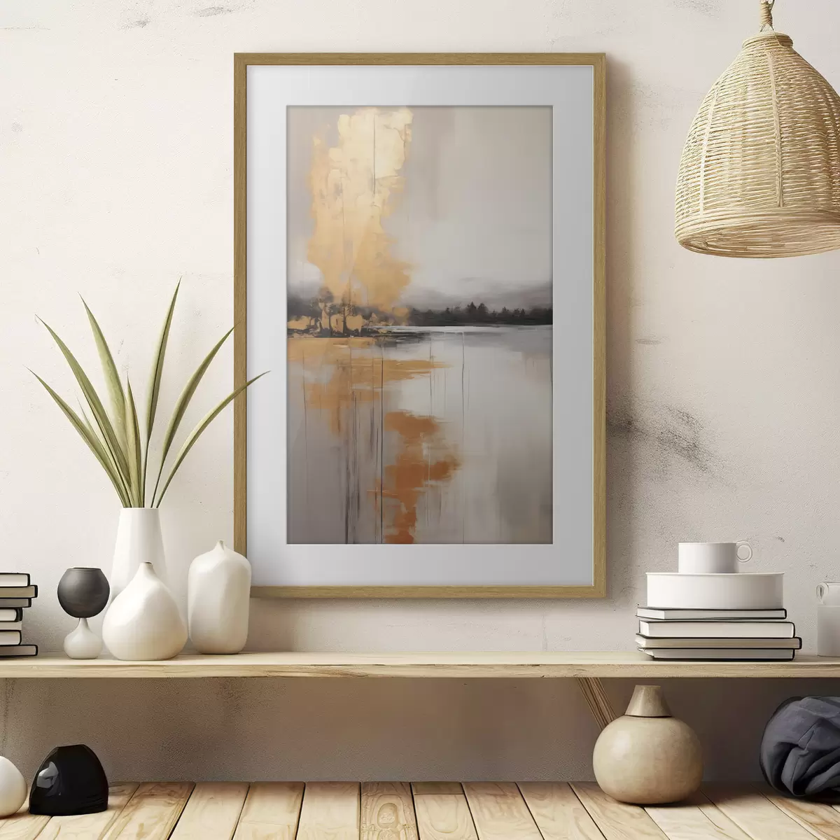 Poster Eine abstrakte Landschaft mit einem See, Baum und gelben Nebel, das Wasser spiegelt und bewölkten Himmel f45575