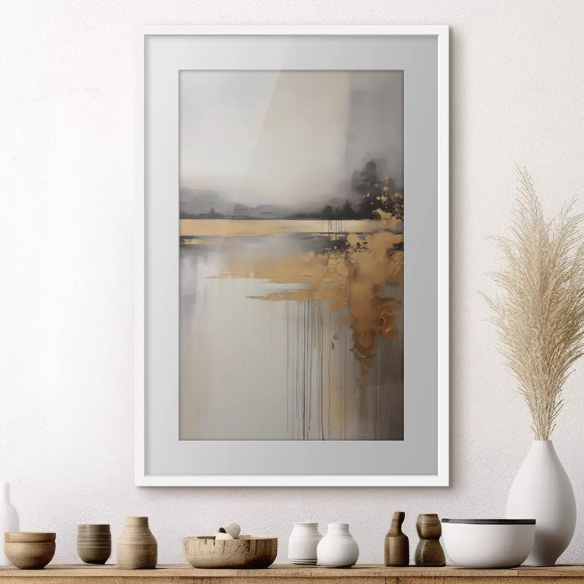 Poster Abstrakte, strukturierte Landschaft mit einem Fluss und dunklen Bäumen im Hintergrund, der Himmel ist bewölkt f45576