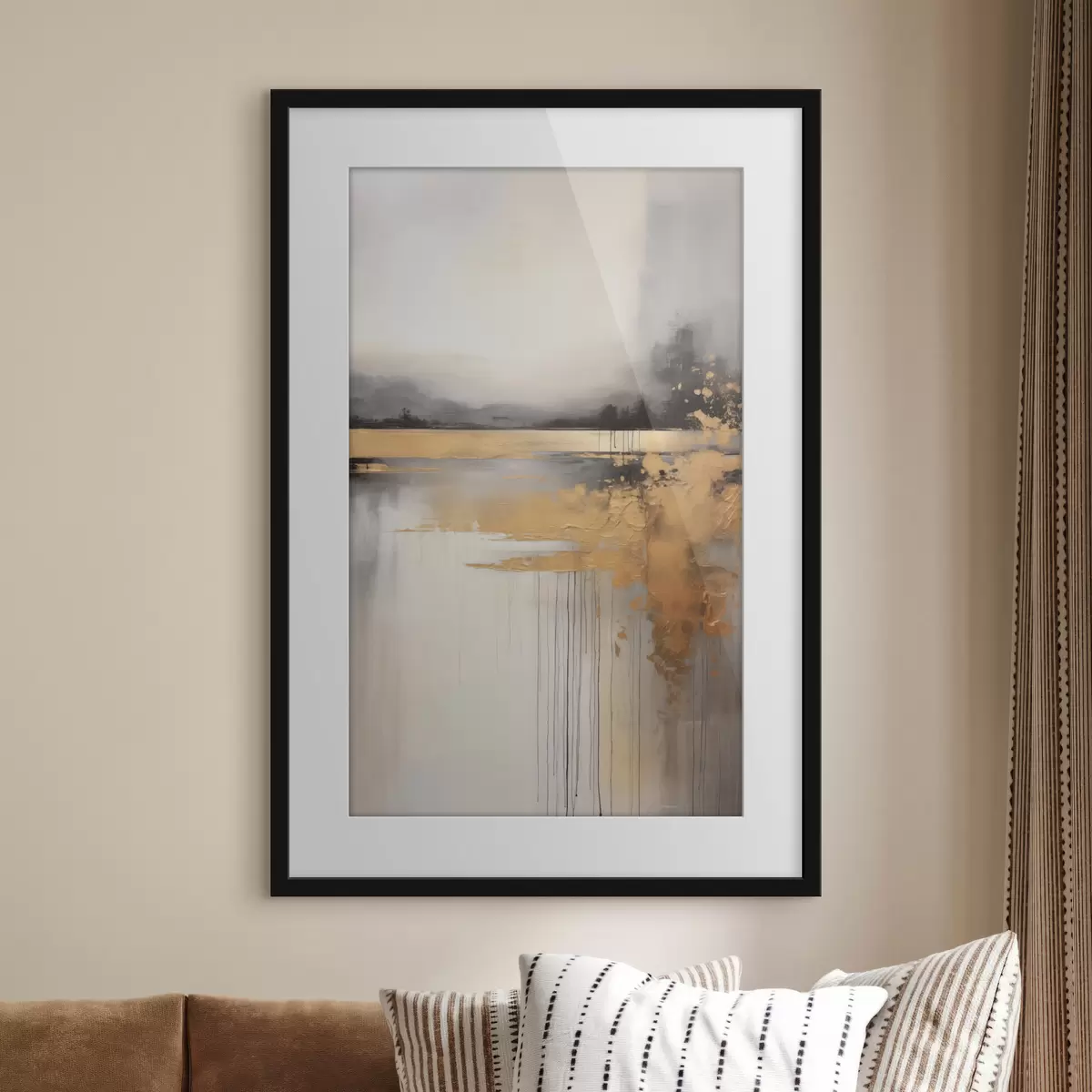 Poster Abstrakte, strukturierte Landschaft mit einem Fluss und dunklen Bäumen im Hintergrund, der Himmel ist bewölkt f45576