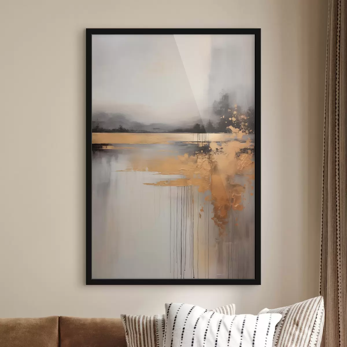Poster Abstrakte, strukturierte Landschaft mit einem Fluss und dunklen Bäumen im Hintergrund, der Himmel ist bewölkt f45576