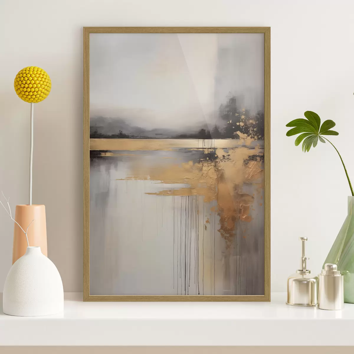 Poster Abstrakte, strukturierte Landschaft mit einem Fluss und dunklen Bäumen im Hintergrund, der Himmel ist bewölkt f45576
