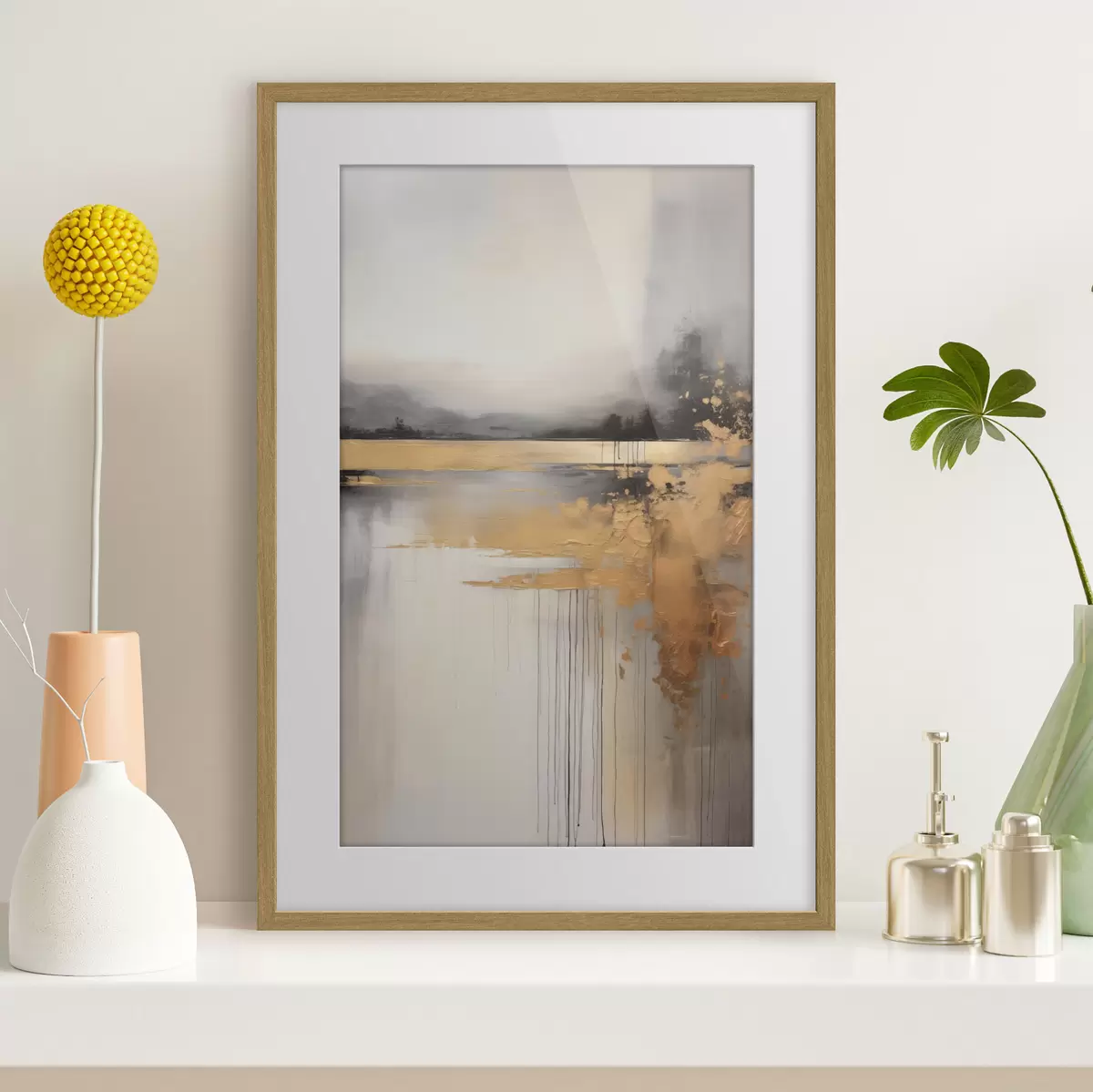 Poster Abstrakte, strukturierte Landschaft mit einem Fluss und dunklen Bäumen im Hintergrund, der Himmel ist bewölkt f45576