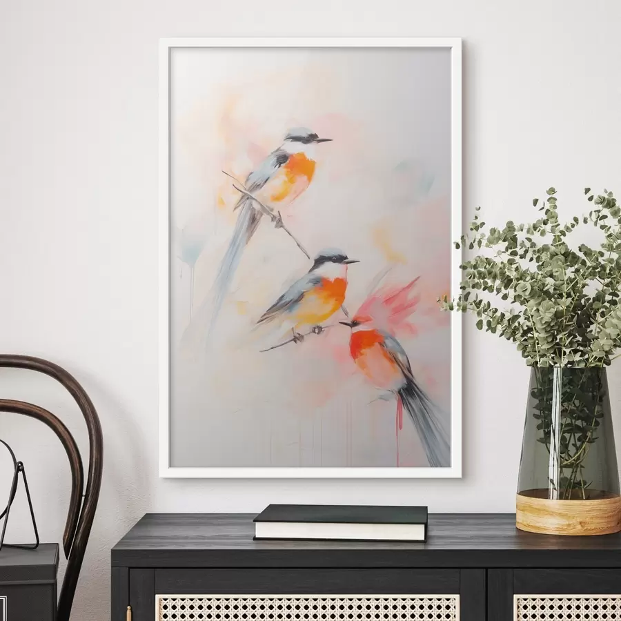 Fototapete Vögel auf Zweigen, weiche Pastellfarben, heller Hintergrund mit rosa und weißen Farbtönen f45577