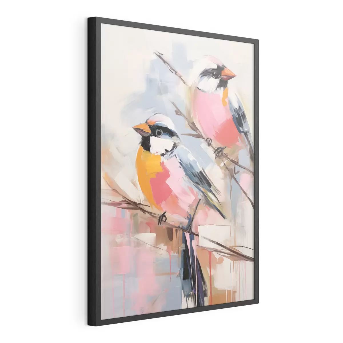 Poster Bunte Vögel auf einem Zweig vor einem weichen pastellfarbenen Hintergrund f45578