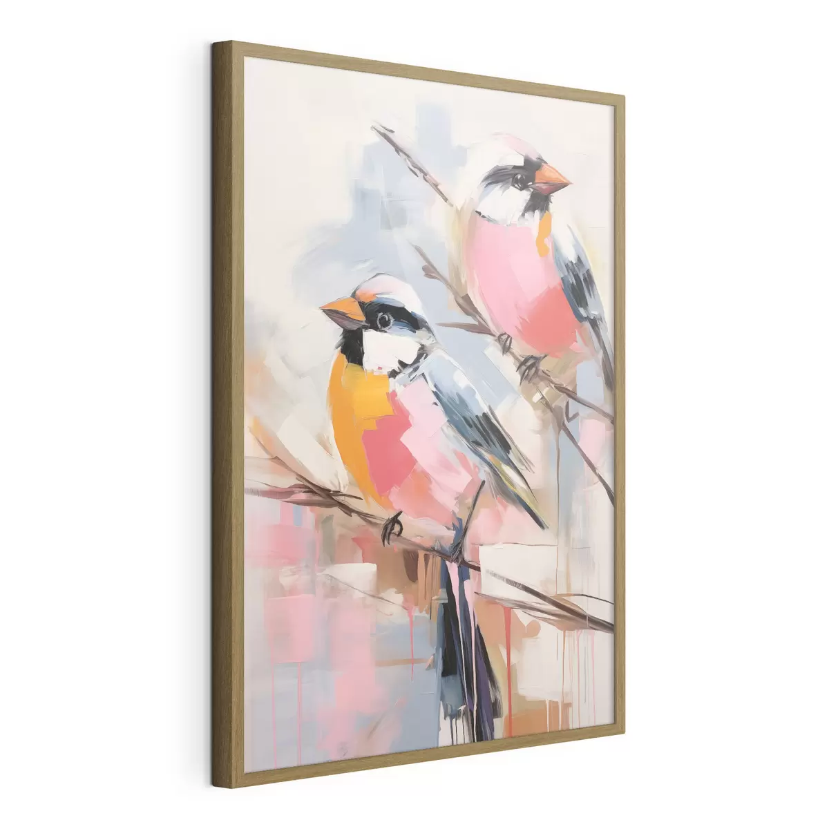 Poster Bunte Vögel auf einem Zweig vor einem weichen pastellfarbenen Hintergrund f45578
