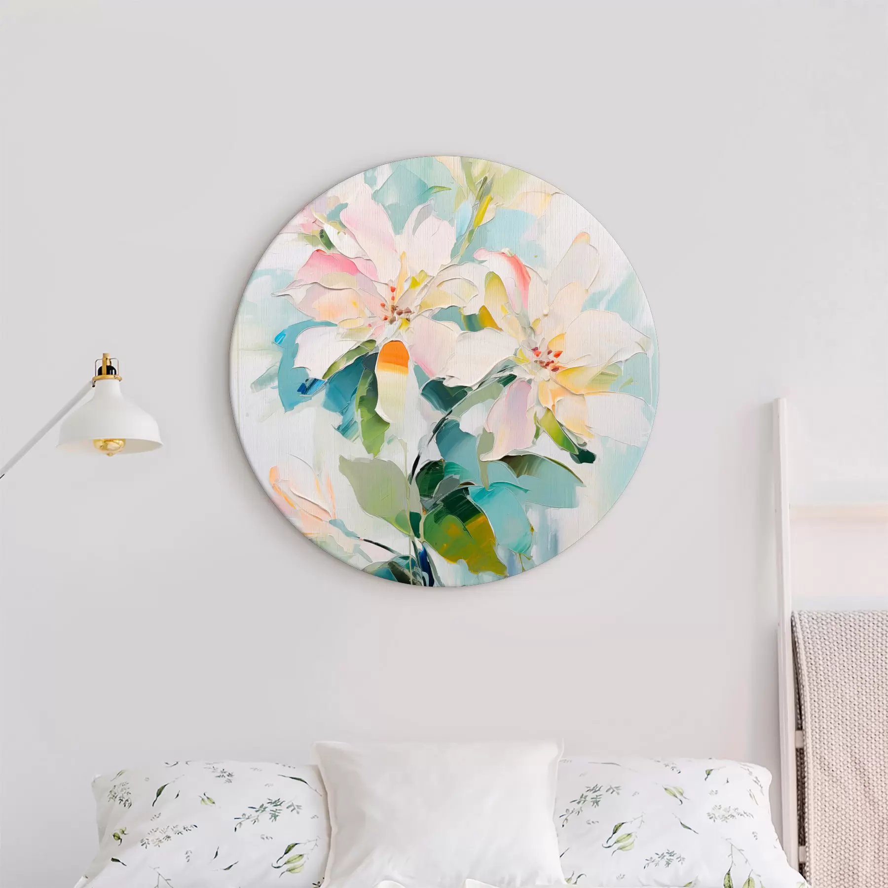 Fototapete Blumen mit bunten Akzenten, grüne Blätter, weiche Pinselstriche Ölgemälde Nachahmung, hellblauem Hintergrund r45549