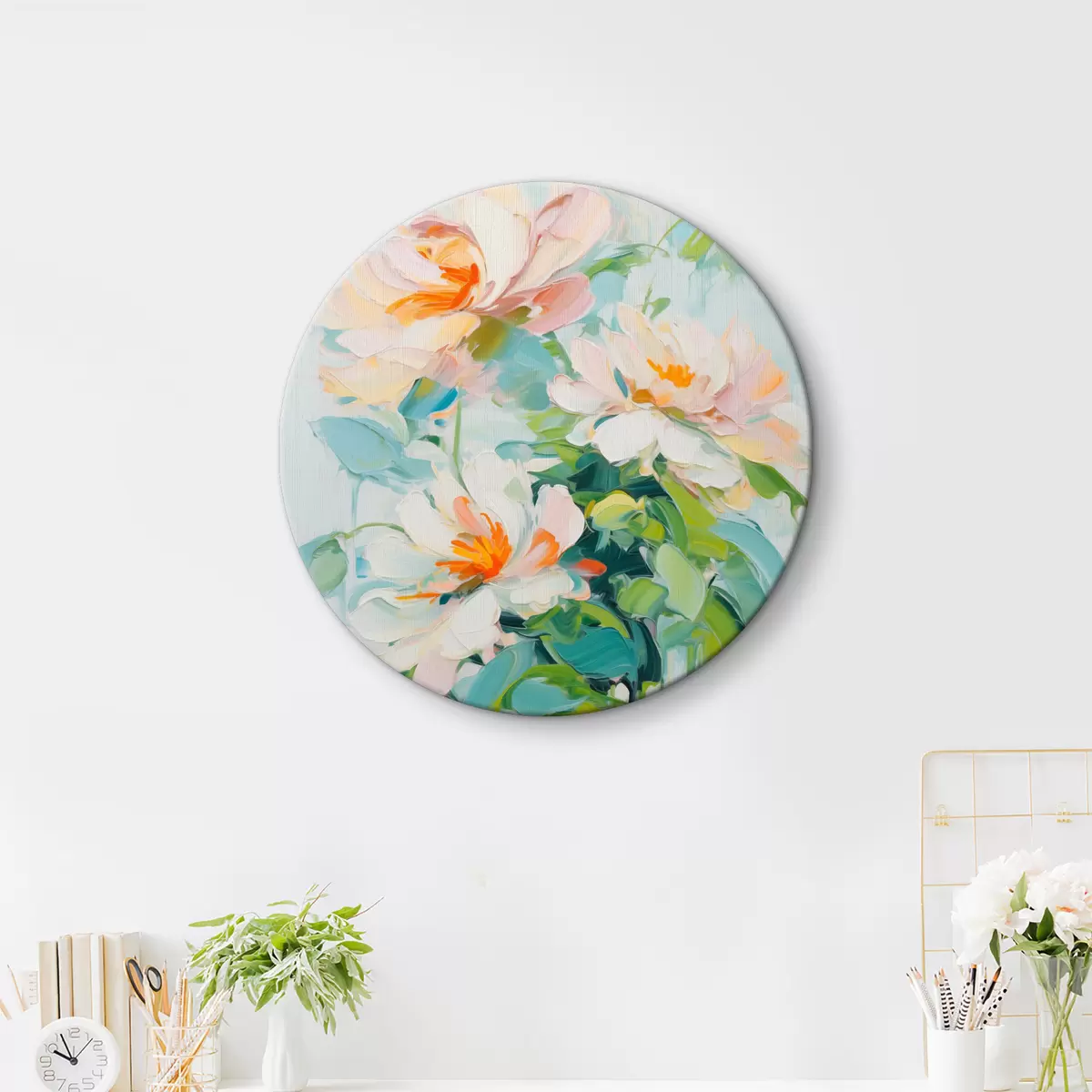 Runde Wandbilder Weiß und Pastell Pfirsich Blumen, grüne Blätter, weiche Pinselstriche Ölgemälde Nachahmung, hellblauem Hintergrund r45550