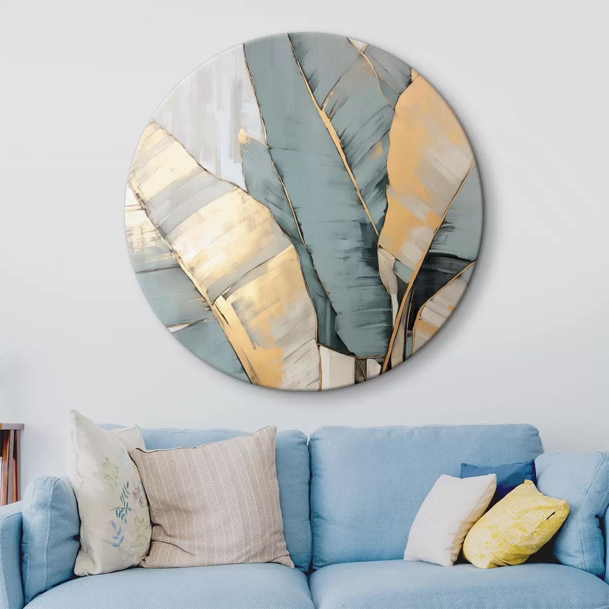 Runde Wandbilder Gedämpfte blaue, graue und gelbe Bananenblätter mit sichtbaren Pinselstrichen vor einem weißen abstrakten Hintergrund r45552