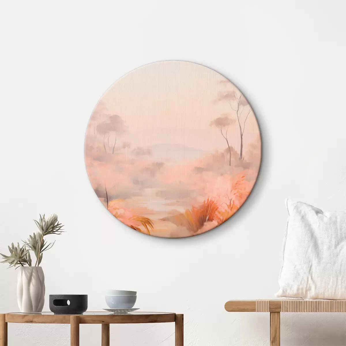 Runde Wandbilder Eine Landschaft mit Sträuchern und Bäumen in Rosa-, Orange- und Brauntönen, mit Bergen im Hintergrund r45553