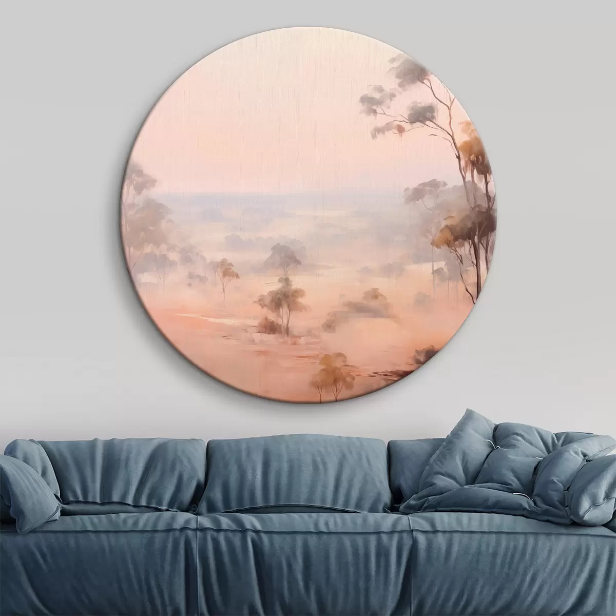 Runde Wandbilder Eine Landschaft mit Sträuchern und Bäumen in Pastelltönen von Rosa, Orange und Braun, mit Bergen im Hintergrund r45554