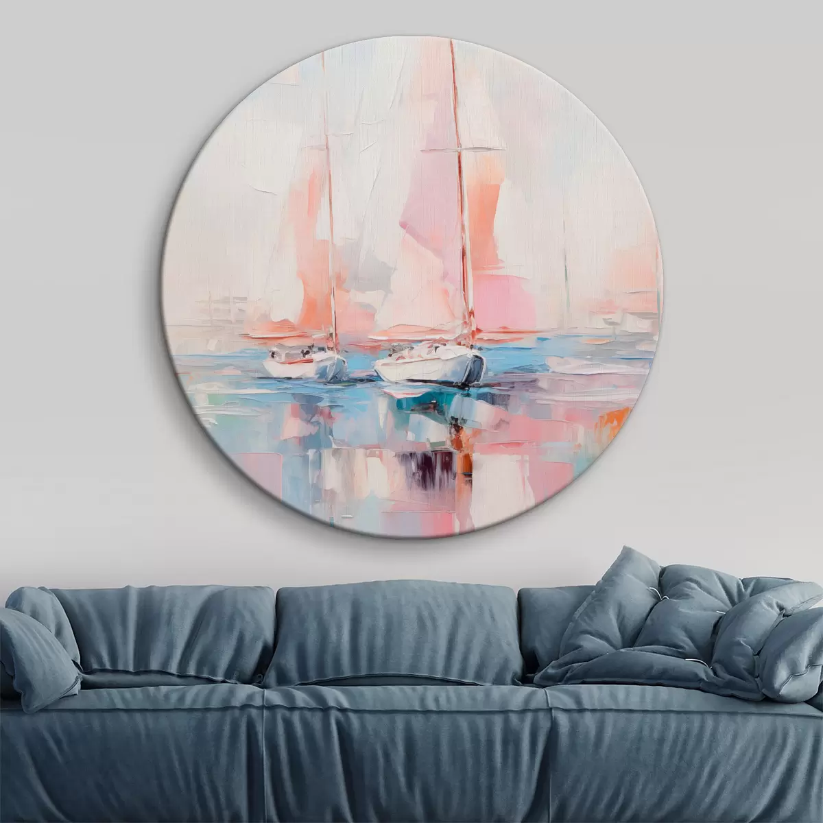 Runde Wandbilder Segelboote mit rosafarbenen Segeln, die auf einer ruhigen See treiben, Spiegelungen der Boote im Wasser, sanfte Pastellfarben r45557