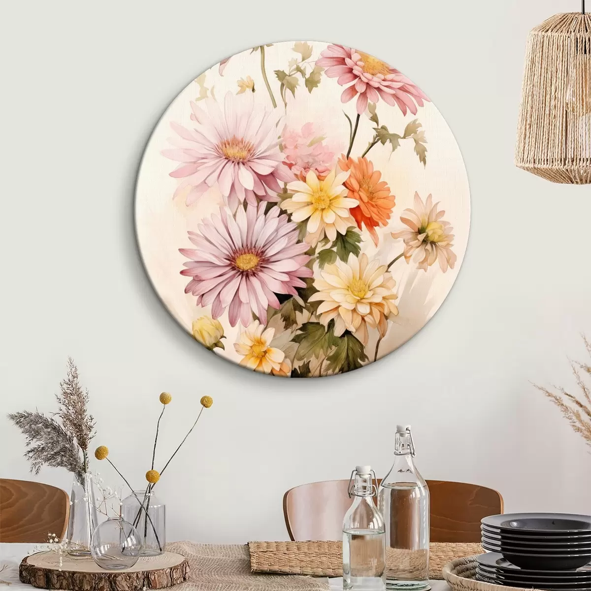 Runde Wandbilder Ein Blumenstrauß aus bunten Blumen, weiche Aquarell-Stil, auf einem hellen Hintergrund r45559