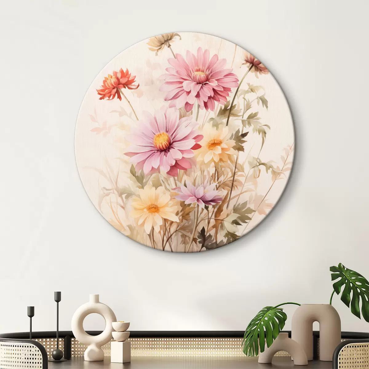 Runde Wandbilder Ein Blumenstrauß aus bunten Blumen, weichen Aquarell-Stil, auf einem hellen Hintergrund, botanische Illustration r45560