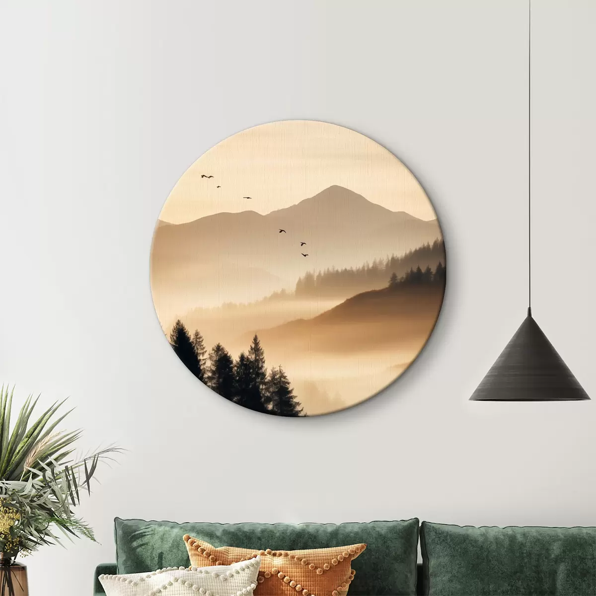 Runde Wandbilder Eine Berglandschaft mit einem Wald und Vögeln fliegen in den Himmel, alle in einer dicken Schicht von Nebel während des Sonnenaufgangs bedeckt r45563