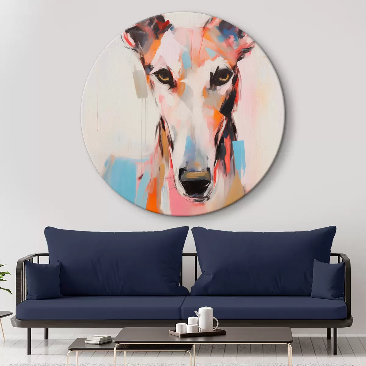 Runde Wandbilder Ein Windhund, gemalt mit leuchtenden Farben wie Orange, Rosa und Blau, vor einem schlichten weißen Hintergrund r45565