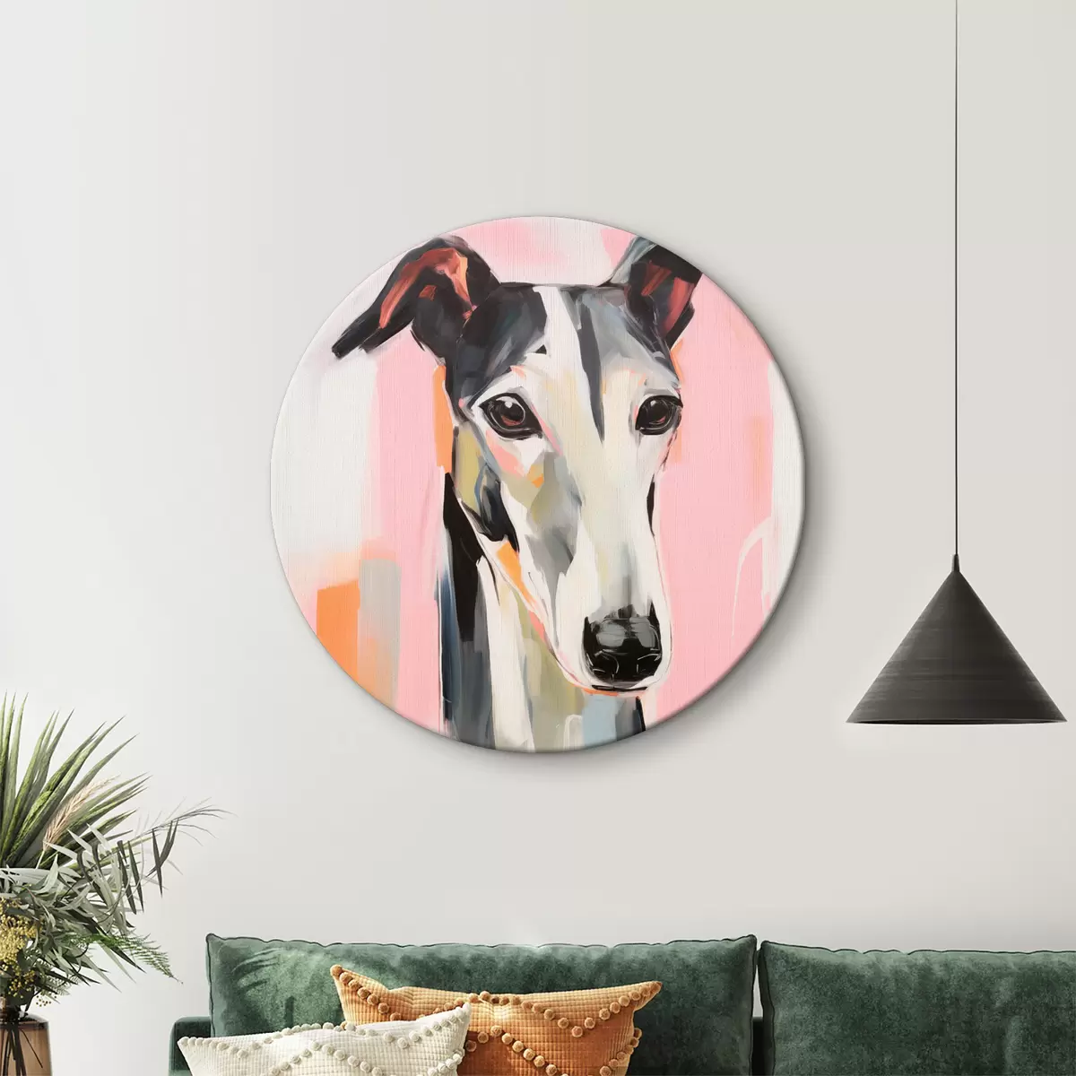 Runde Wandbilder Ein Windhund vor einem Hintergrund aus rosa, orangefarbenen und weißen Pinselstrichen r45566