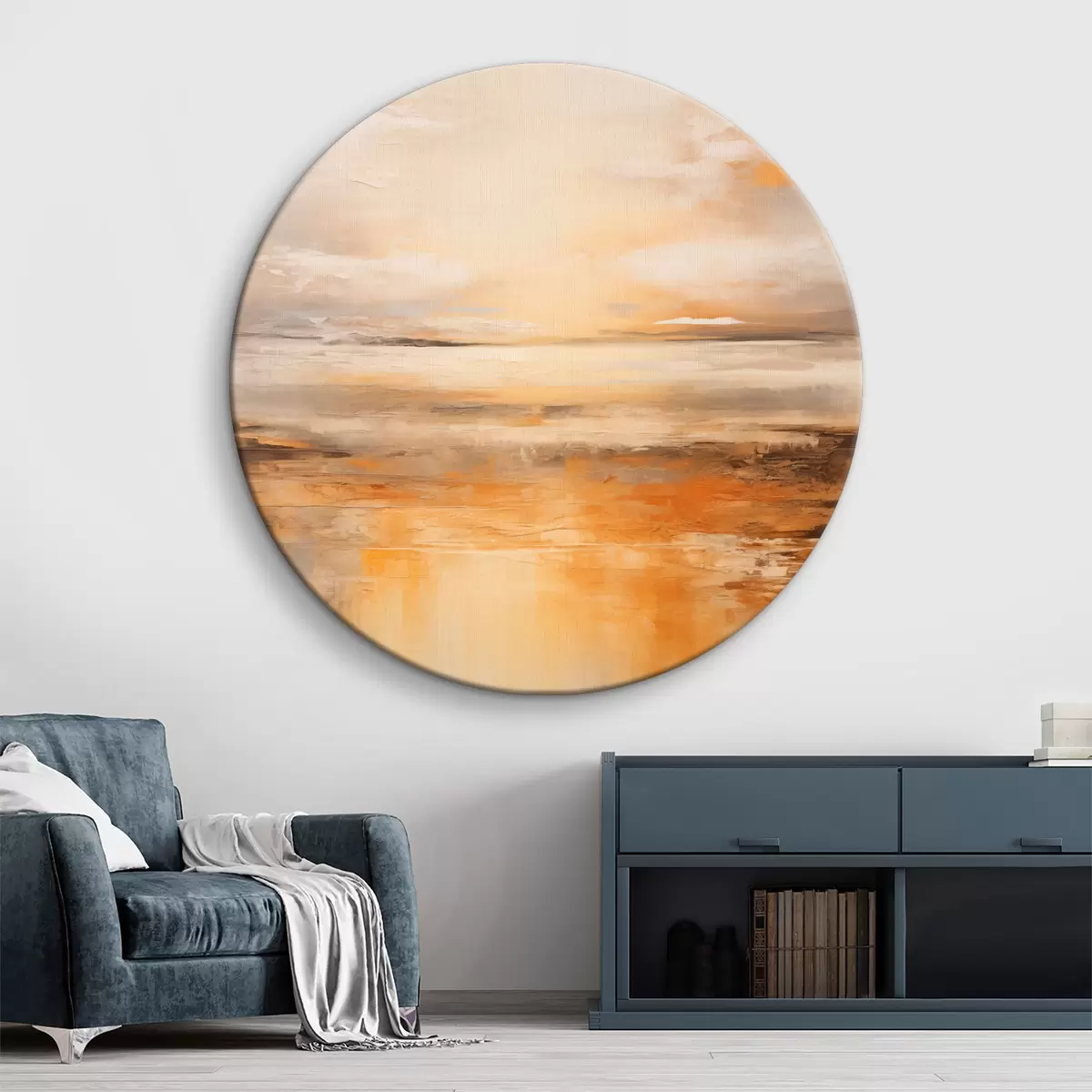 Runde Wandbilder Ein abstraktes Gemälde von einer Strandlandschaft mit einem ruhigen Meer, orangefarbenem Sand und einem bewölkten Himmel mit Sonne r45567