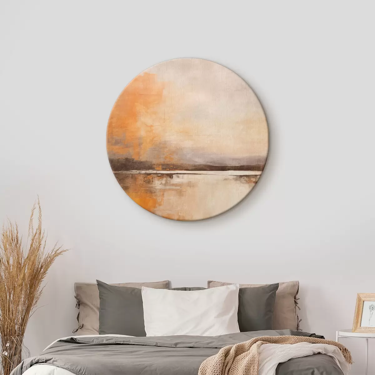 Runde Wandbilder Eine abstrakte, strukturierte Landschaft in Orange-, Braun- und Beigetönen r45568