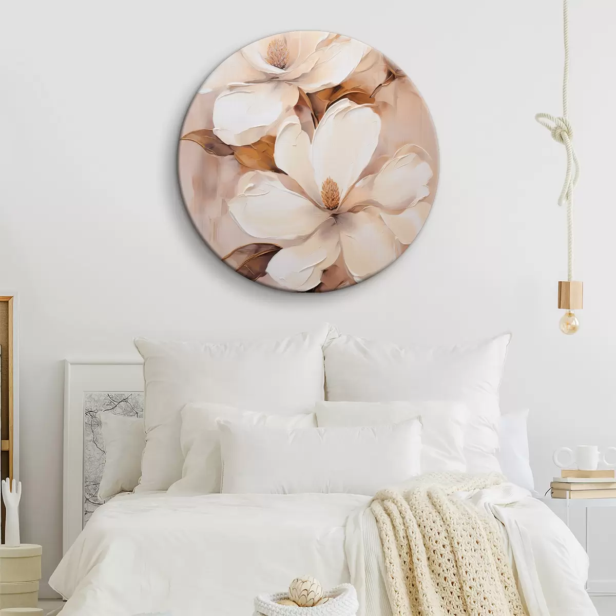 Runde Wandbilder Weiße Magnolienblüten vor einem weichen, unscharfen Hintergrund aus Beige- und Brauntönen, Malstil r45572