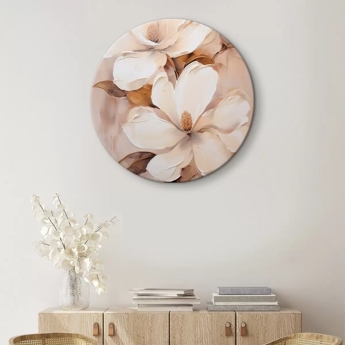 Runde Wandbilder Weiße Magnolienblüten vor einem weichen, unscharfen Hintergrund aus Beige- und Brauntönen, Malstil r45572