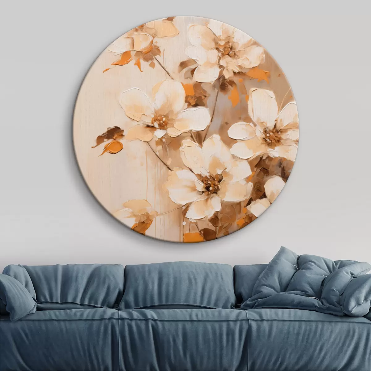 Runde Wandbilder Weiße Blumen mit orangefarbenen Blättern, zarte Pinselstriche, Blumenarrangement, botanische Kunst r45574