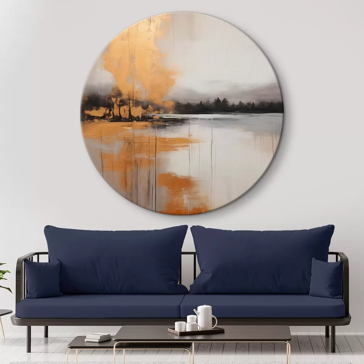 Runde Wandbilder Eine abstrakte Landschaft mit einem See, Baum und gelben Nebel, das Wasser spiegelt und bewölkten Himmel r45575