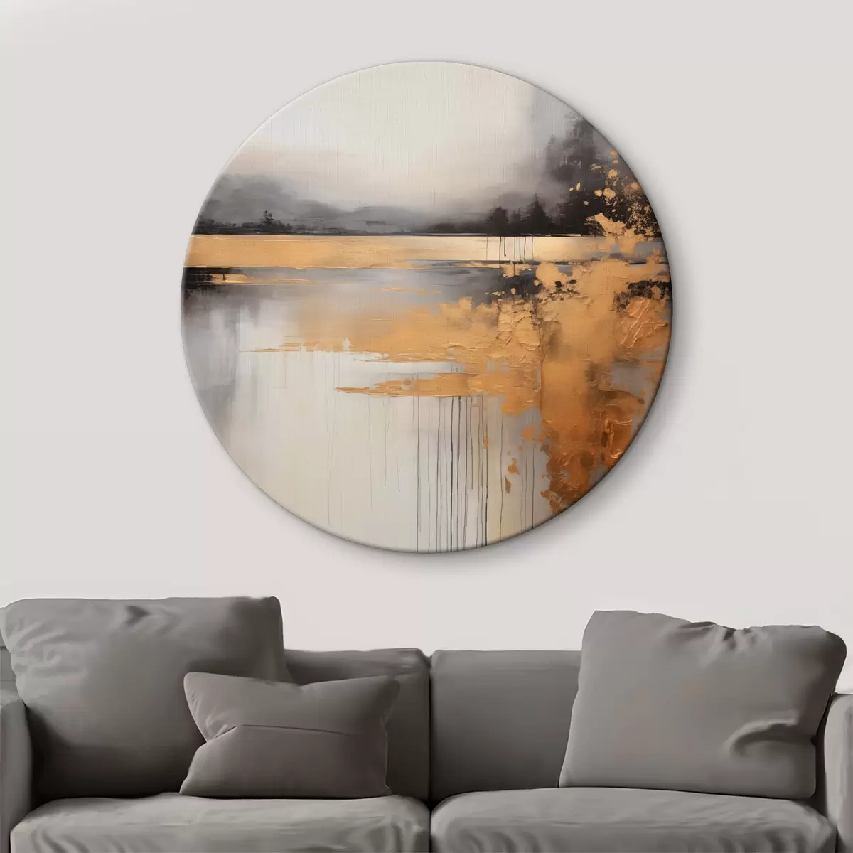 Runde Wandbilder Abstrakte, strukturierte Landschaft mit einem Fluss und dunklen Bäumen im Hintergrund, der Himmel ist bewölkt r45576