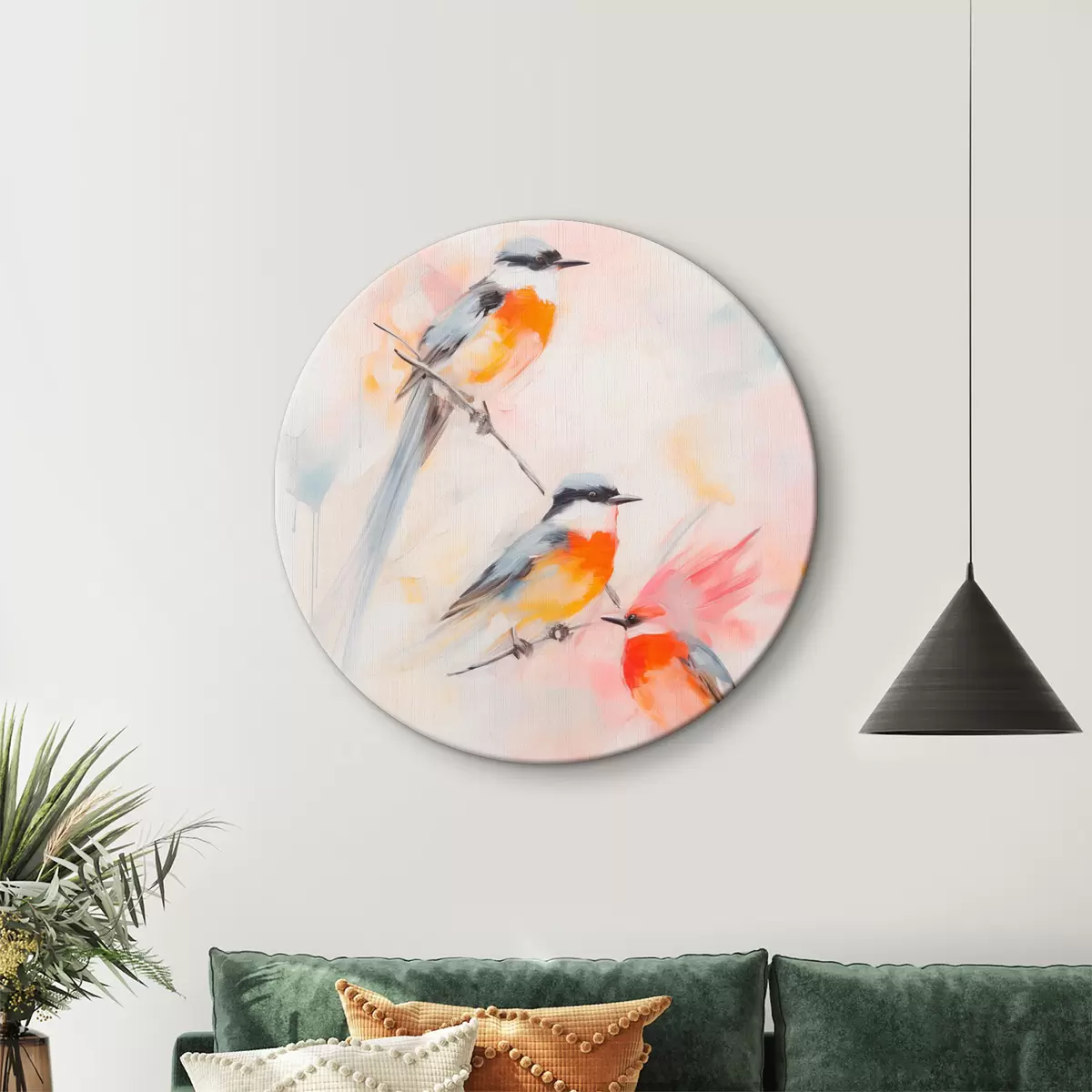 Runde Wandbilder Vögel auf Zweigen, weiche Pastellfarben, heller Hintergrund mit rosa und weißen Farbtönen r45577