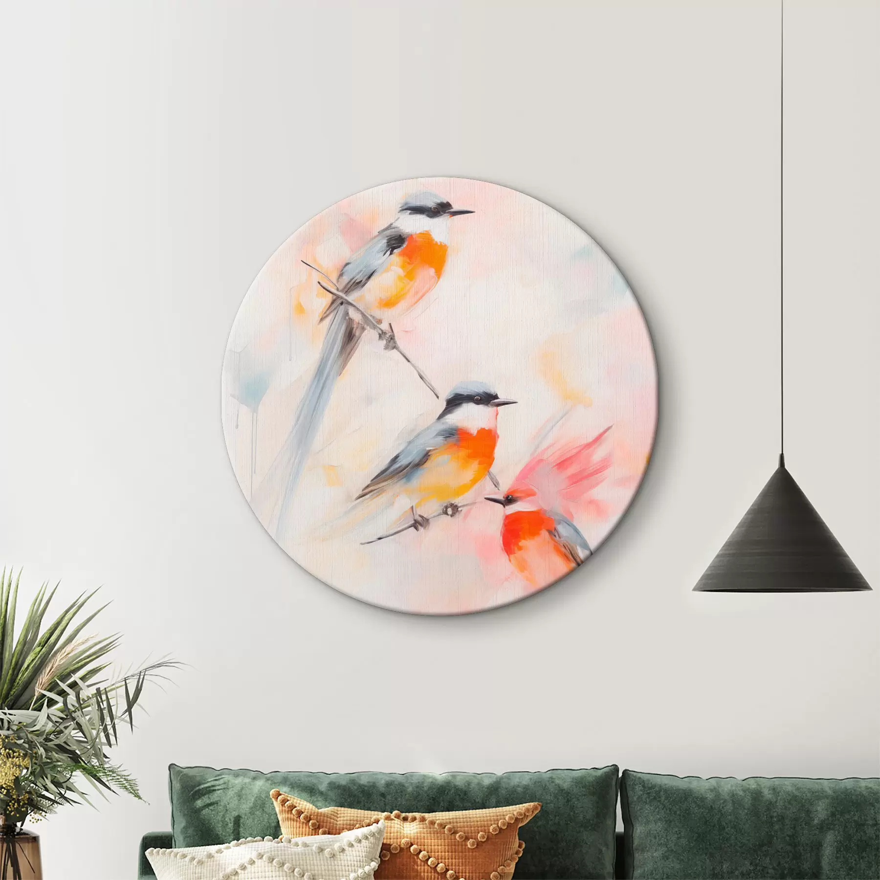 Fototapete Vögel auf Zweigen, weiche Pastellfarben, heller Hintergrund mit rosa und weißen Farbtönen r45577