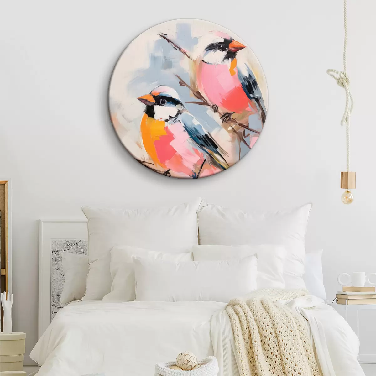 Runde Wandbilder Bunte Vögel auf einem Zweig vor einem weichen pastellfarbenen Hintergrund r45578