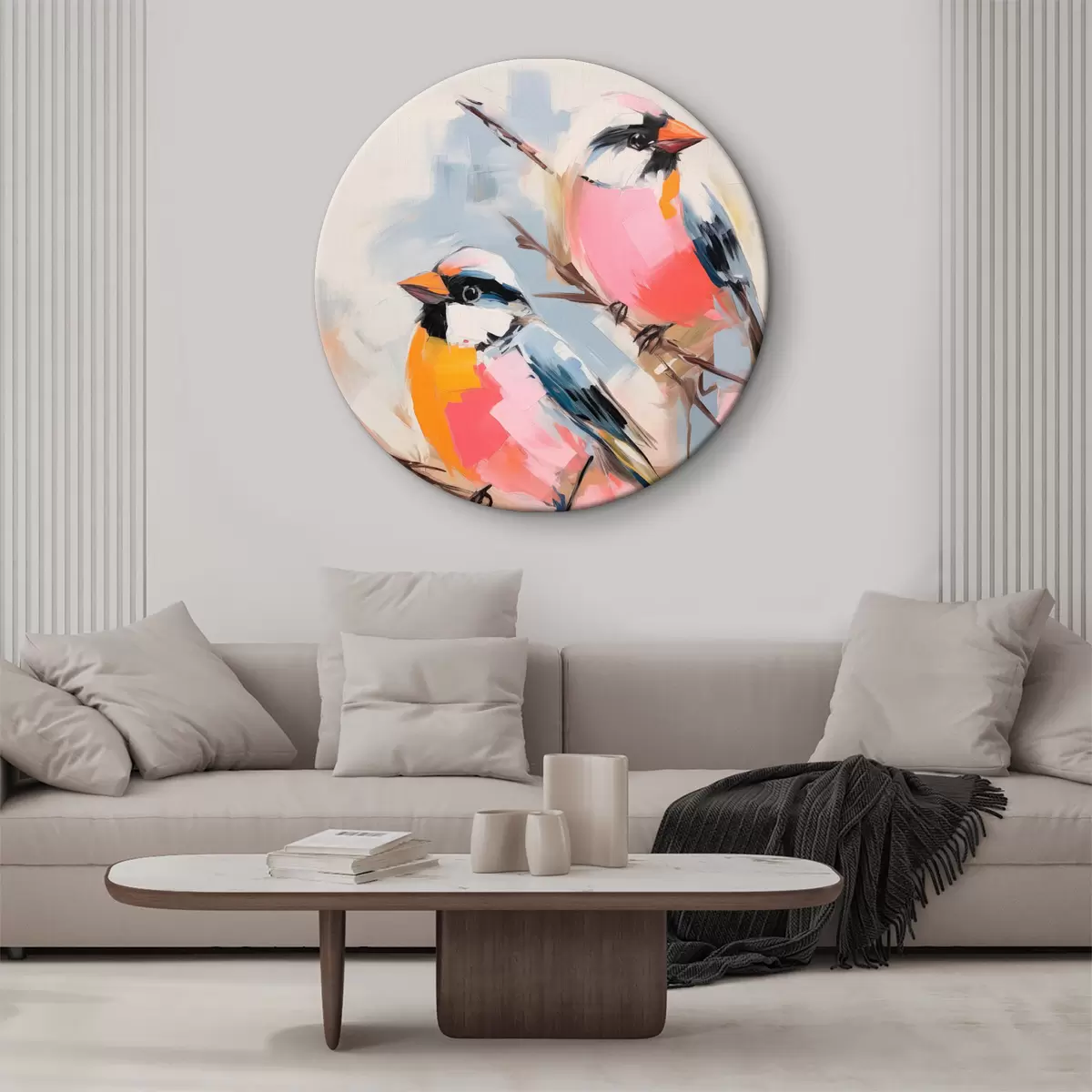 Runde Wandbilder Bunte Vögel auf einem Zweig vor einem weichen pastellfarbenen Hintergrund r45578