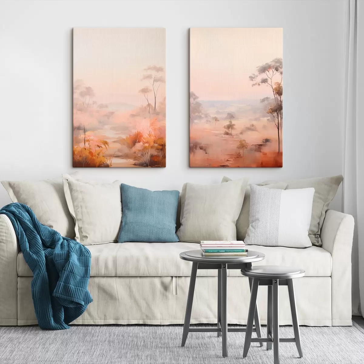 Fototapete Eine Landschaft mit Sträuchern und Bäumen in Rosa-, Orange- und Brauntönen, mit Bergen im Hintergrund m00646
