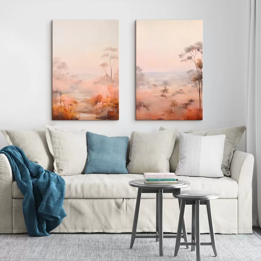 Fototapete Eine Landschaft mit Sträuchern und Bäumen in Rosa-, Orange- und Brauntönen, mit Bergen im Hintergrund m00646