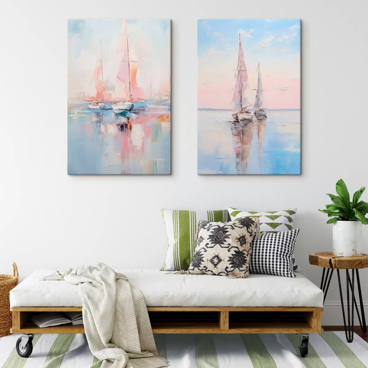 Fototapete Segelboote mit rosafarbenen Segeln, die auf einer ruhigen See treiben, Spiegelungen der Boote im Wasser, sanfte Pastellfarben m00648