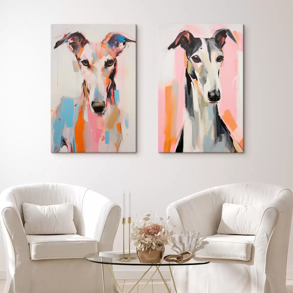 Fototapete Ein Windhund, gemalt mit leuchtenden Farben wie Orange, Rosa und Blau, vor einem schlichten weißen Hintergrund m00652