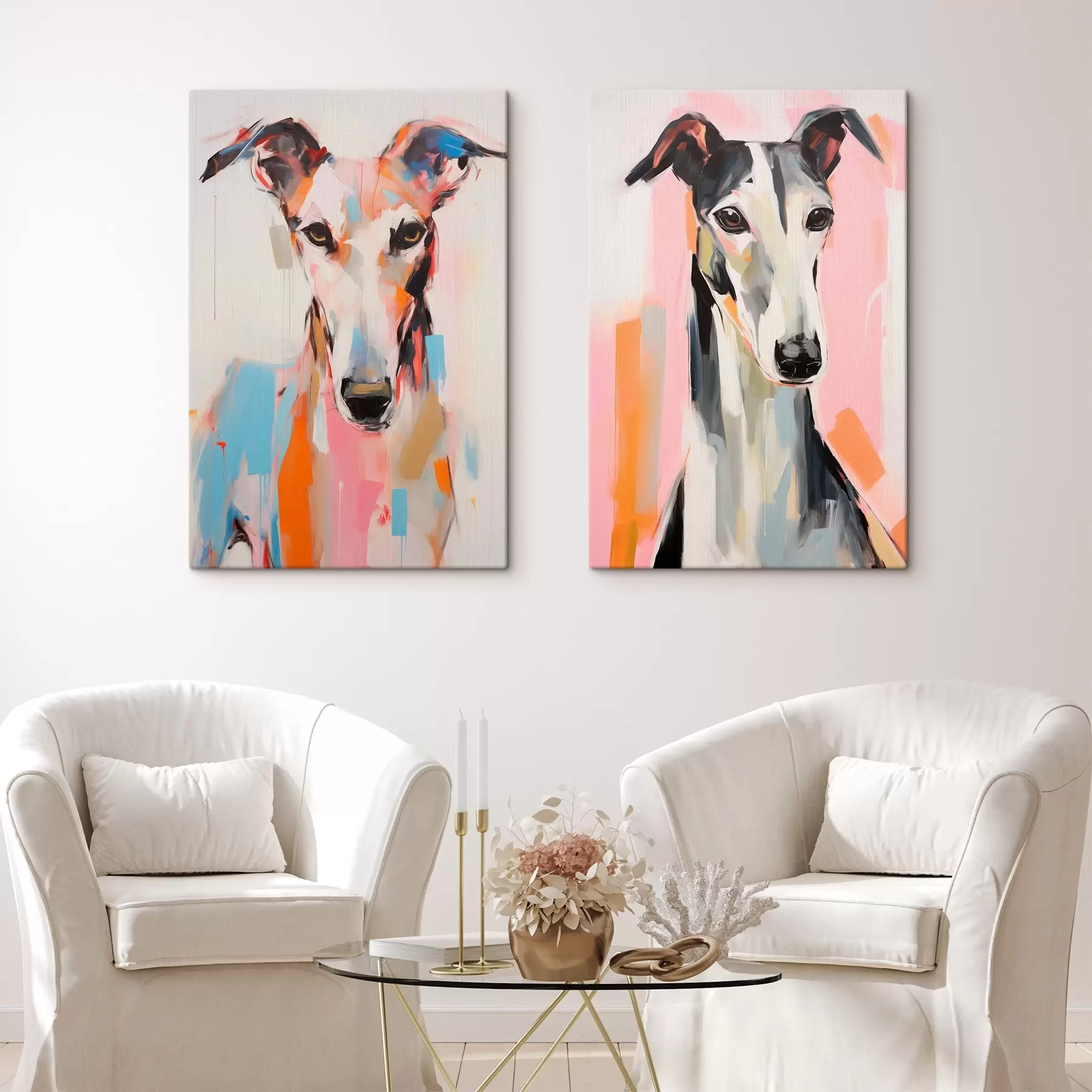 Fototapete Ein Windhund, gemalt mit leuchtenden Farben wie Orange, Rosa und Blau, vor einem schlichten weißen Hintergrund m00652