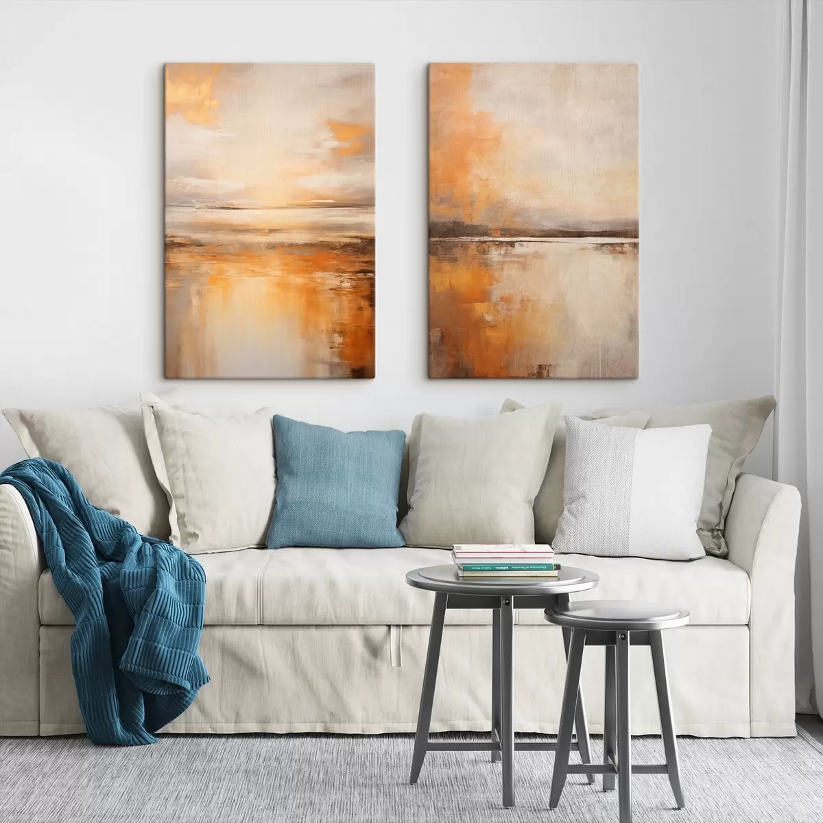 Fototapete Ein abstraktes Gemälde von einer Strandlandschaft mit einem ruhigen Meer, orangefarbenem Sand und einem bewölkten Himmel mit Sonne m00653