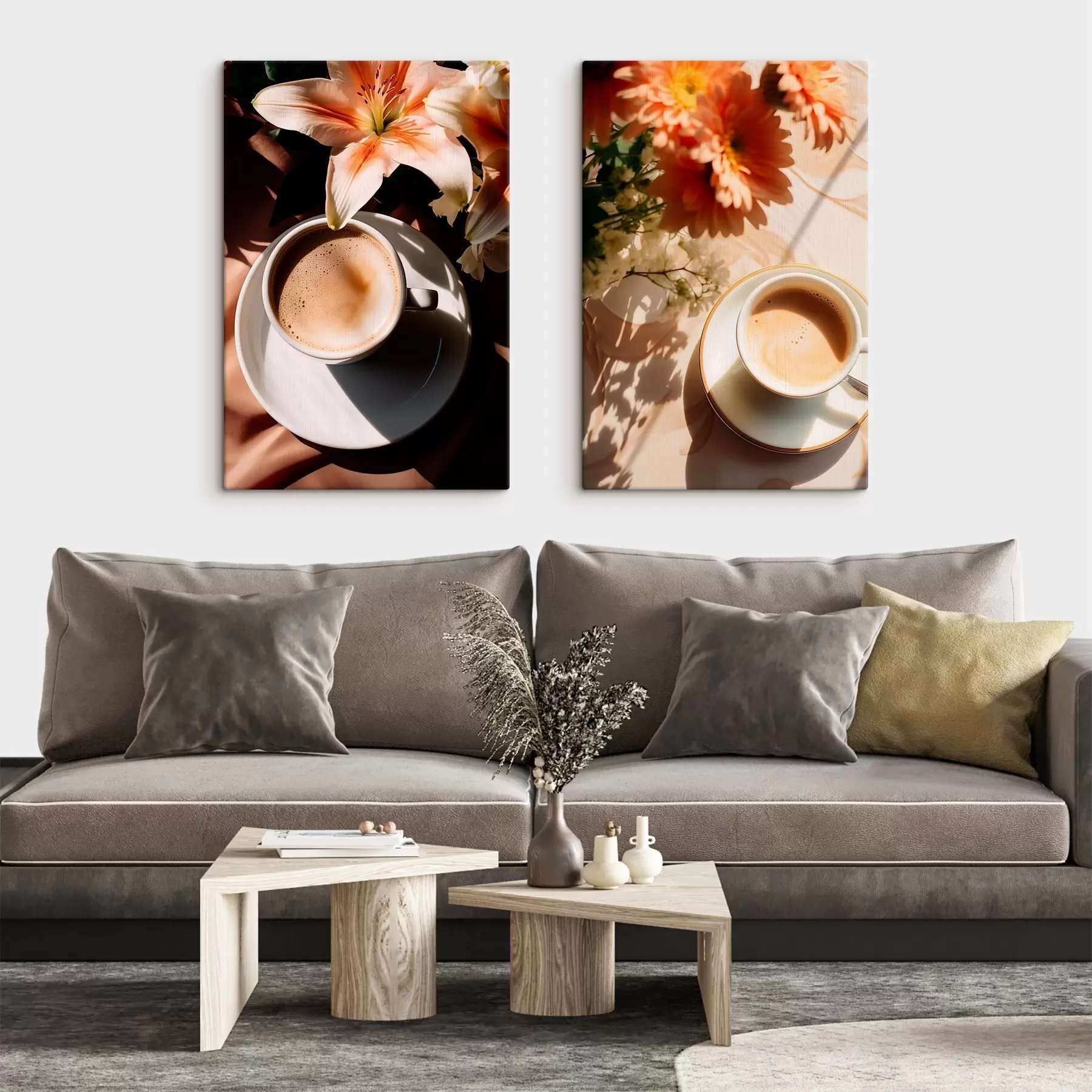 Fototapete Eine Tasse Kaffee mit Schaum auf einem weißen Teller, einige Blumen im Hintergrund, mit Sonnenlicht m00654